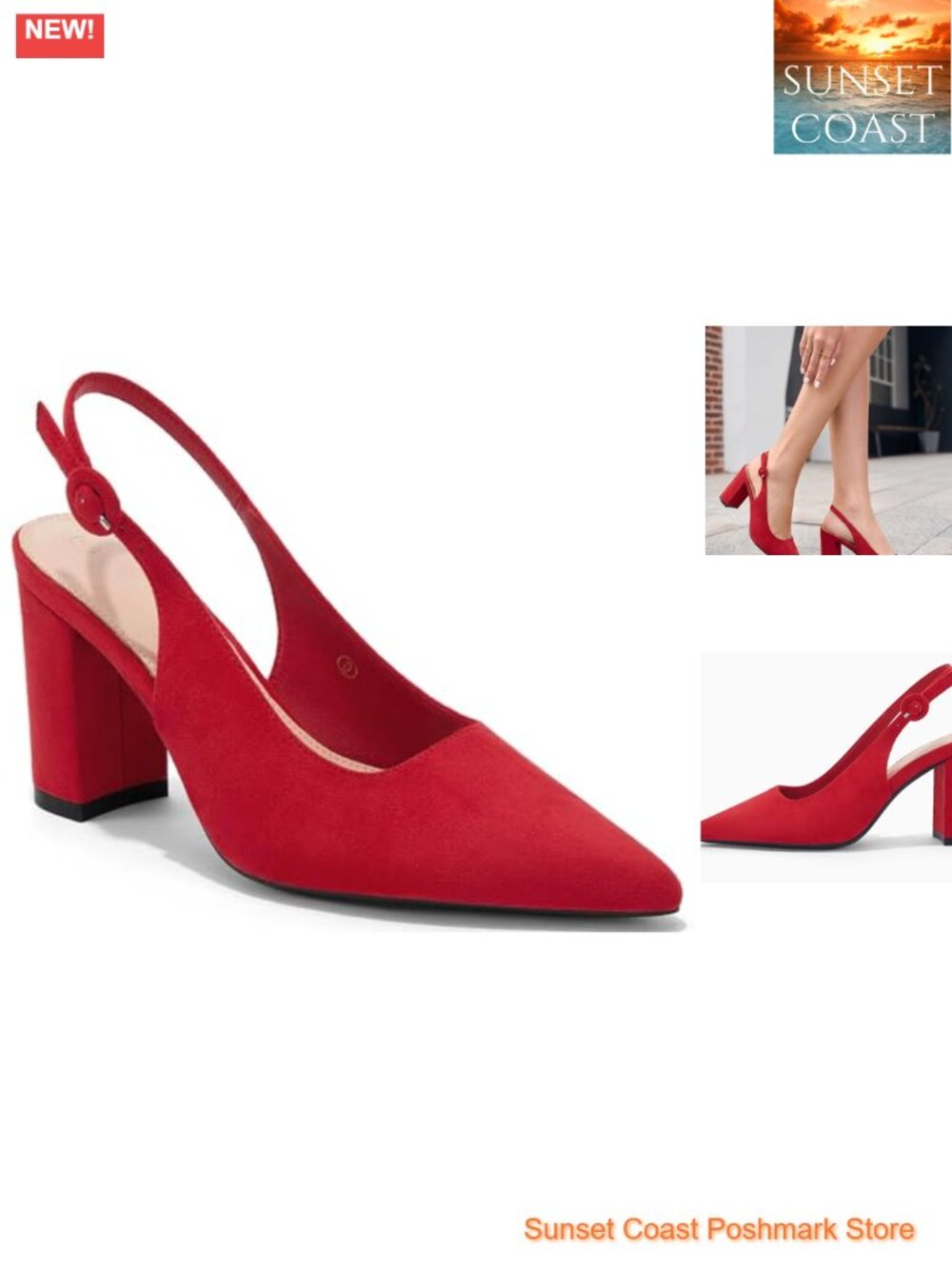 Women's Slingback Block Heels Pointed Closed Toe Faux Suede Dress Pumps